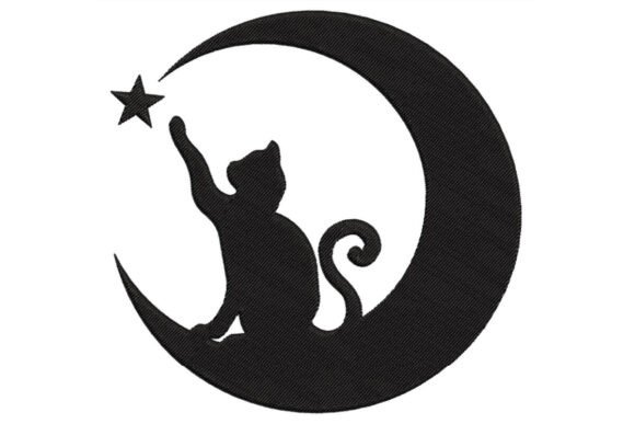Black Cat on Moon Embroidery Design