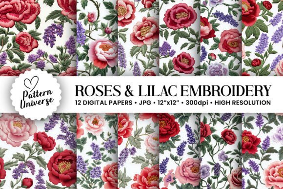 Lilac and Roses Embroidery Digital Paper